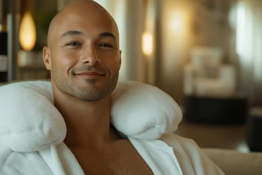 Confident adult man in a luxury spa robe in a clean private treatment room, representing discreet men’s intimate skincare in Los Angeles County